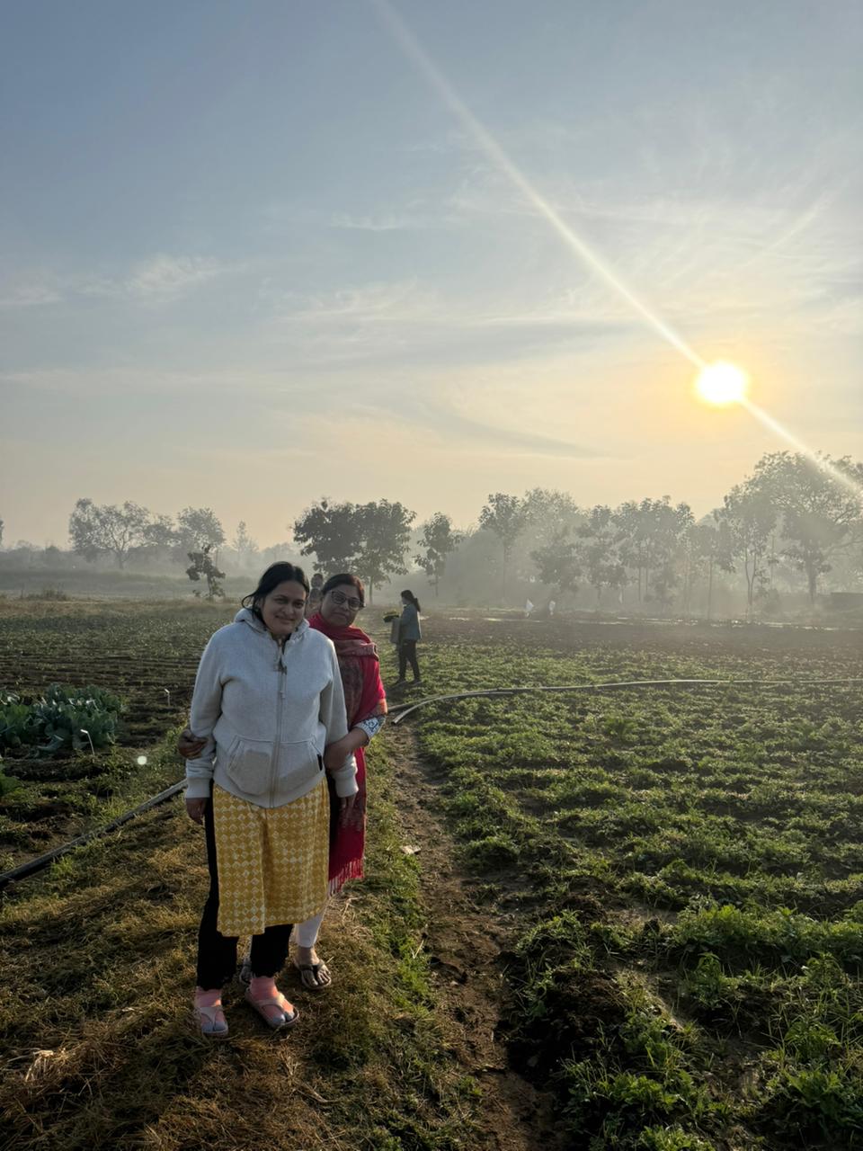Faculty members walking through the farm at sunrise